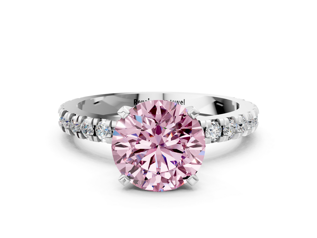White gold Fancy Pink Round  Diamond Pavé Band Solitaire with Four-Prong Setting