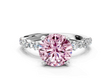 White gold Fancy Pink Round  Diamond Prong Set Engagement Ring with Pave Band