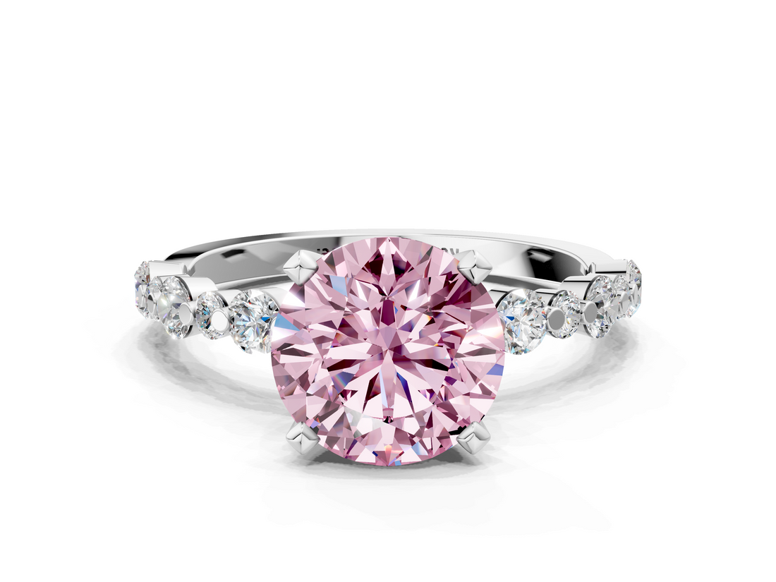 White gold Fancy Pink Round  Diamond Prong Set Engagement Ring with Pave Band