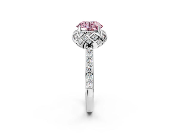 White gold Fancy Pink Round  Diamond Solitaire Ring with Shared Prong Pavé Band