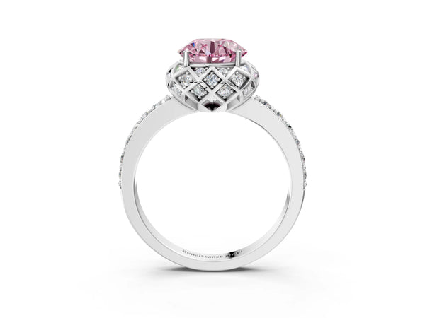 White gold Fancy Pink Round  Diamond Solitaire Ring with Shared Prong Pavé Band