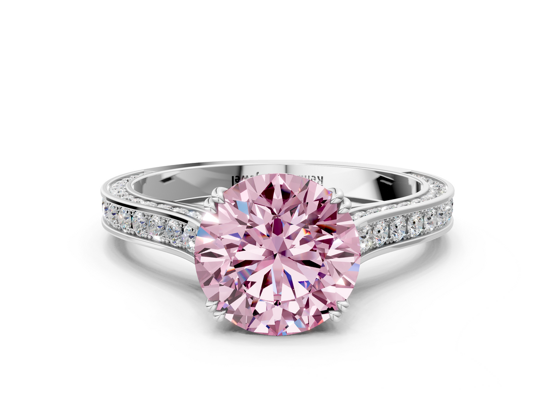 White gold Fancy Pink Round  Diamond Solitaire with Pave Band and Six-Prong Setting