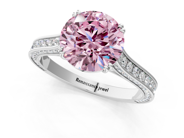 White gold Fancy Pink Round  Diamond Solitaire with Pave Band and Six-Prong Setting