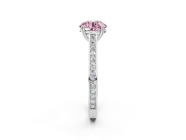 White gold Fancy Pink Round  Diamond Solitaire with Pave Band and Six-Prong Setting