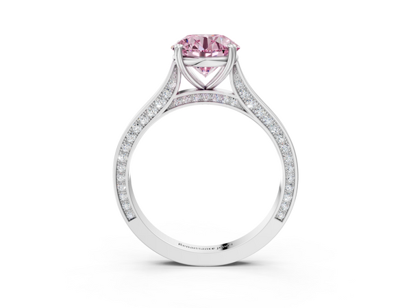 White gold Fancy Pink Round  Diamond Solitaire with Pave Band and Six-Prong Setting