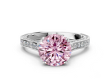 White gold Fancy Pink Round  Diamond Solitaire with Pave Band and Six-Prong Setting