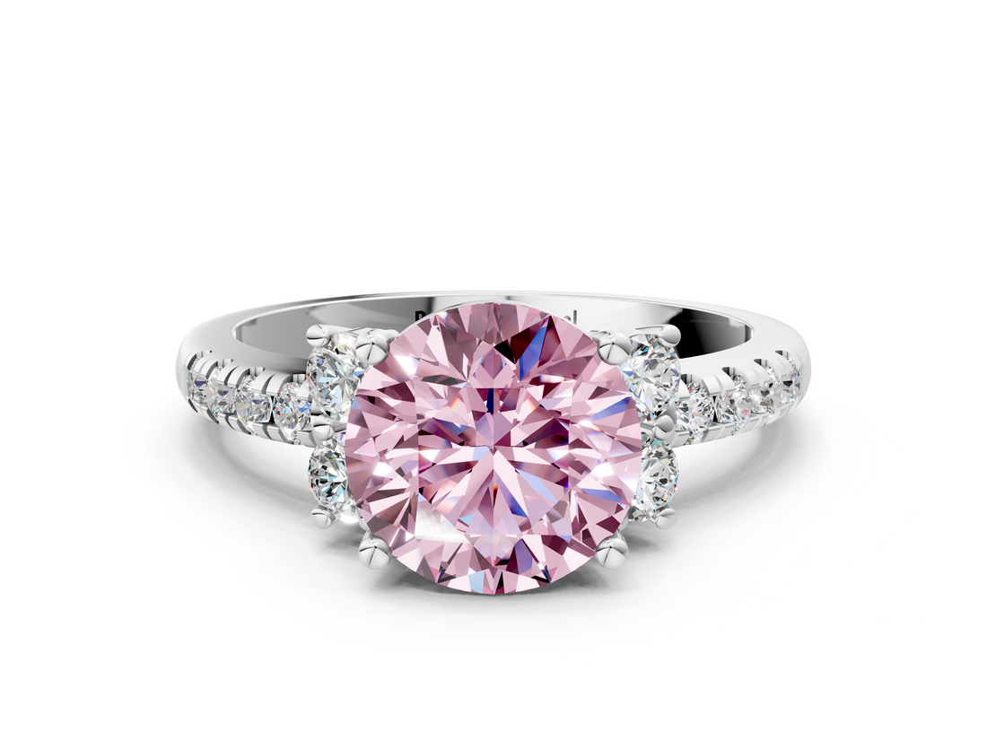White gold Fancy Pink Round  Diamond Three-Stone Pave Band with Four-Prong Setting