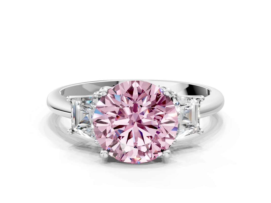 White gold Fancy Pink Round  Diamond Three-Stone Ring with Trapezoid Side Stones and Prong Setting
