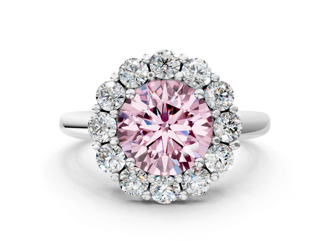 White gold Fancy Pink Round  Halo Cluster Diamond Engagement Ring with Prong Setting and Polished Band_20