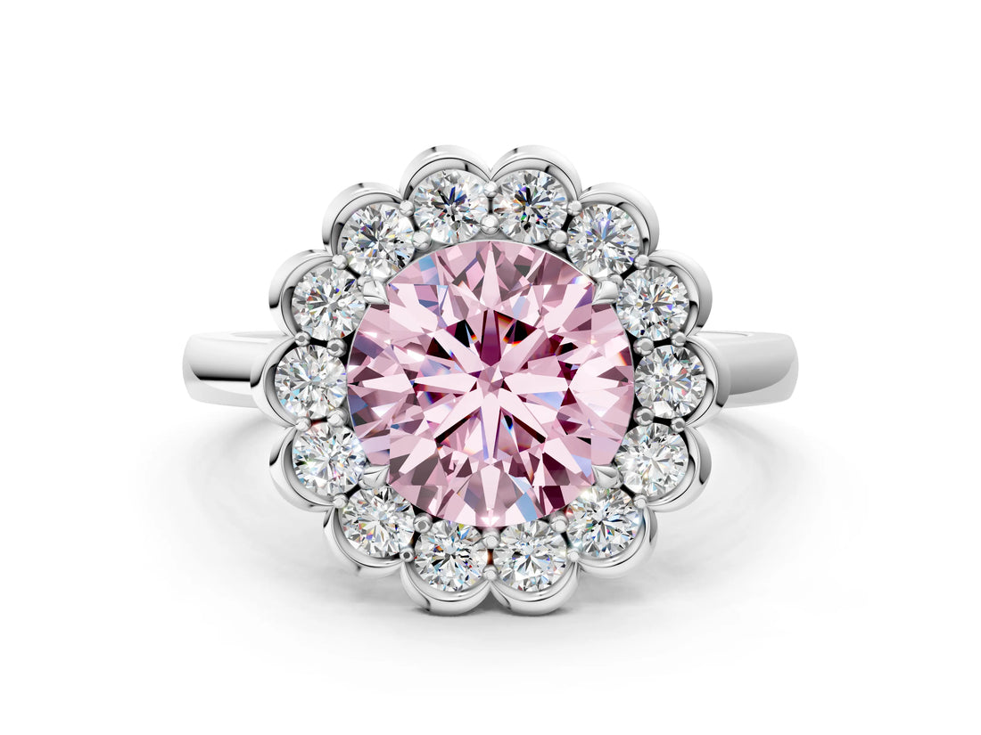 White gold Fancy Pink Round  Halo Cluster Diamond Engagement Ring with Solitaire Band and Prong Setting_71