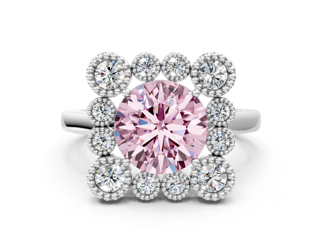 White gold Fancy Pink Round  Halo Diamond Cluster Engagement Ring with Milgrain Bezel Setting and Solitaire Band_64