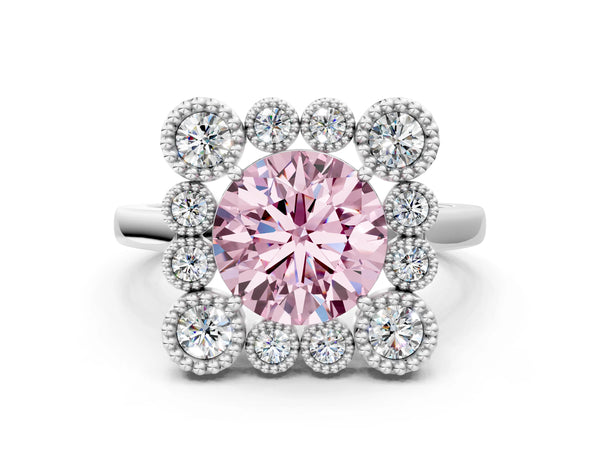 Platinum Fancy Pink Round  Halo Diamond Cluster Engagement Ring with Milgrain Bezel Setting and Solitaire Band