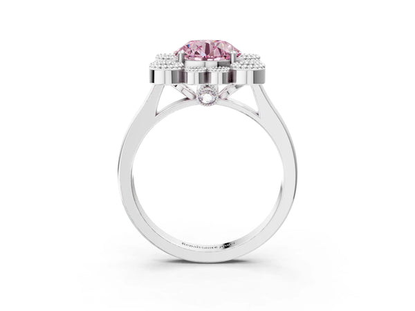 Platinum Fancy Pink Round  Halo Diamond Cluster Engagement Ring with Milgrain Bezel Setting and Solitaire Band