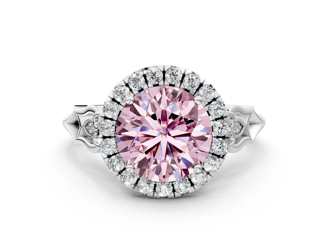 White gold Fancy Pink Round  Halo Diamond Engagement Ring with Filigree Band and Four-Prong Setting_7