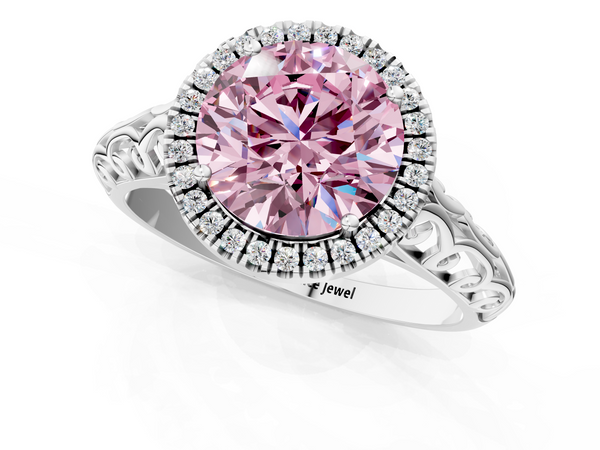 Platinum Fancy Pink Round  Halo Diamond Engagement Ring with Intricate Filigree Band and Four-Prong Setting