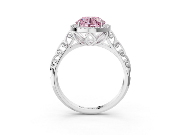 Platinum Fancy Pink Round  Halo Diamond Engagement Ring with Intricate Filigree Band and Four-Prong Setting