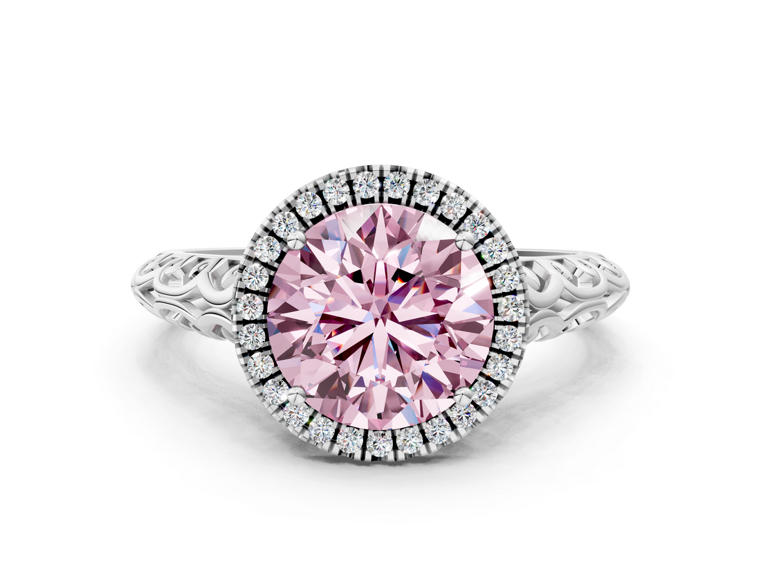 White gold Fancy Pink Round  Halo Diamond Engagement Ring with Intricate Filigree Band and Four-Prong Setting