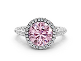 White gold Fancy Pink Round  Halo Diamond Engagement Ring with Intricate Filigree Band and Four-Prong Setting