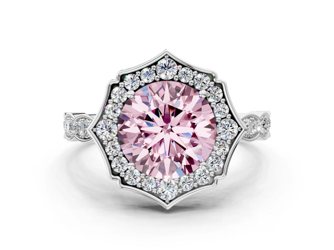 White gold Fancy Pink Round  Halo Diamond Engagement Ring with Milgrain Band and Four-Prong Setting_41