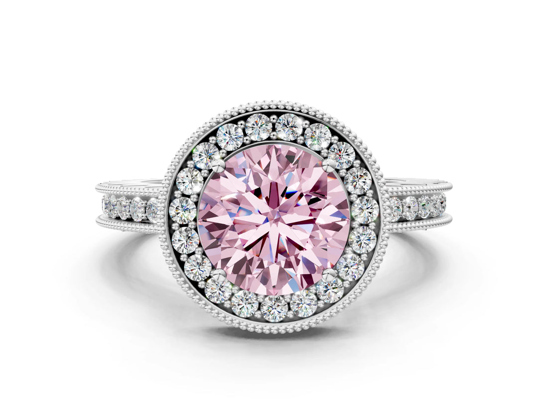 White gold Fancy Pink Round  Halo Diamond Engagement Ring with Milgrain Pave Band and Four-Prong Setting_189
