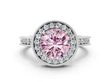 White gold Fancy Pink Round  Halo Diamond Engagement Ring with Milgrain Pave Band and Four-Prong Setting_189