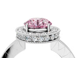 White gold Fancy Pink Round  Halo Diamond Engagement Ring with Milgrain Pave Band and Four-Prong Setting_193