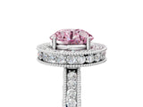 White gold Fancy Pink Round  Halo Diamond Engagement Ring with Milgrain Pave Band and Four-Prong Setting_194