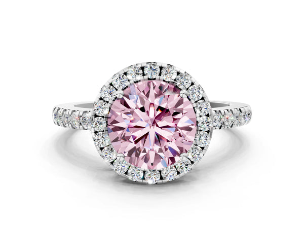 Platinum Fancy Pink Round  Halo Diamond Engagement Ring with Pavé Band and Four-Prong Setting