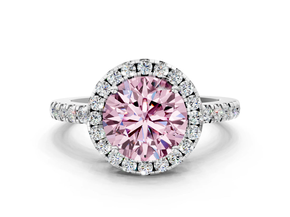 White gold Fancy Pink Round  Halo Diamond Engagement Ring with Pavé Band and Four-Prong Setting_87