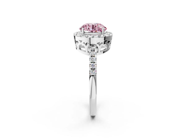Platinum Fancy Pink Round  Halo Diamond Engagement Ring with Pavé Band and Four-Prong Setting