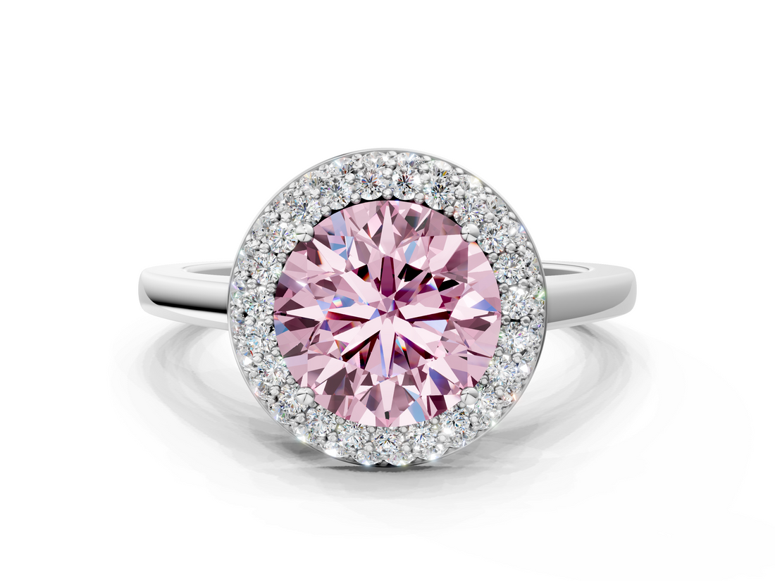 White gold Fancy Pink Round  Halo Diamond Engagement Ring with Solitaire Band and Four-Prong Setting