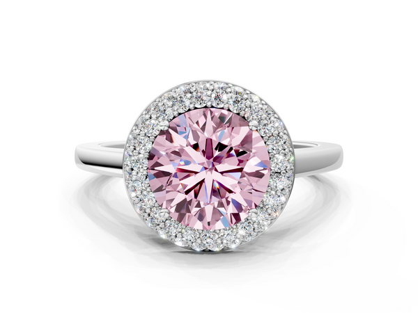 White gold Fancy Pink Round  Halo Diamond Engagement Ring with Solitaire Band and Four-Prong Setting