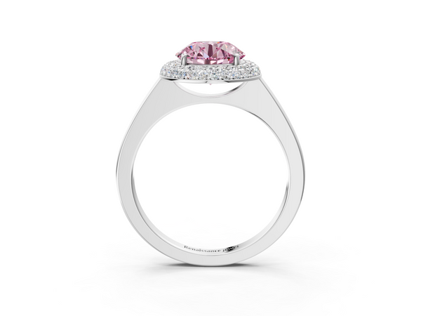 White gold Fancy Pink Round  Halo Diamond Engagement Ring with Solitaire Band and Four-Prong Setting
