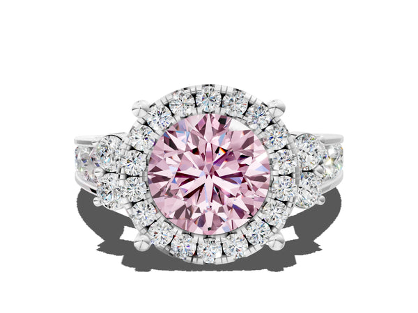Platinum Fancy Pink Round  Halo Diamond Engagement Ring with Split Shank and Four-Prong Setting