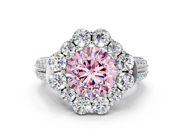 Platinum Fancy Pink Round  Halo Diamond Engagement Ring with Split Shank and Prong Setting