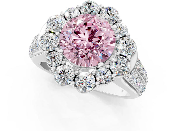 Platinum Fancy Pink Round  Halo Diamond Engagement Ring with Split Shank and Prong Setting