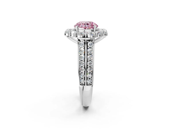 Platinum Fancy Pink Round  Halo Diamond Engagement Ring with Split Shank and Prong Setting