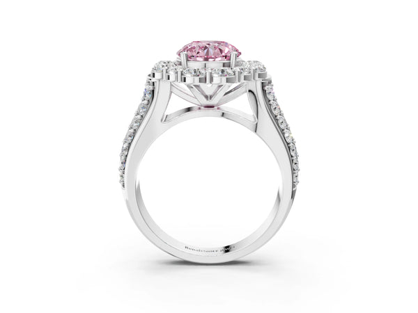 Platinum Fancy Pink Round  Halo Diamond Engagement Ring with Split Shank and Prong Setting