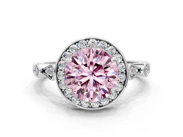 White gold Fancy Pink Round  Halo Diamond Engagement Ring with Twisted Band and Four-Prong Setting