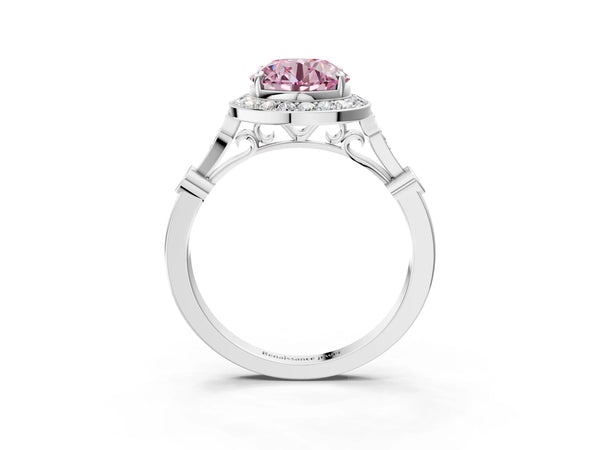 White gold Fancy Pink Round  Halo Diamond Engagement Ring with Twisted Band and Four-Prong Setting