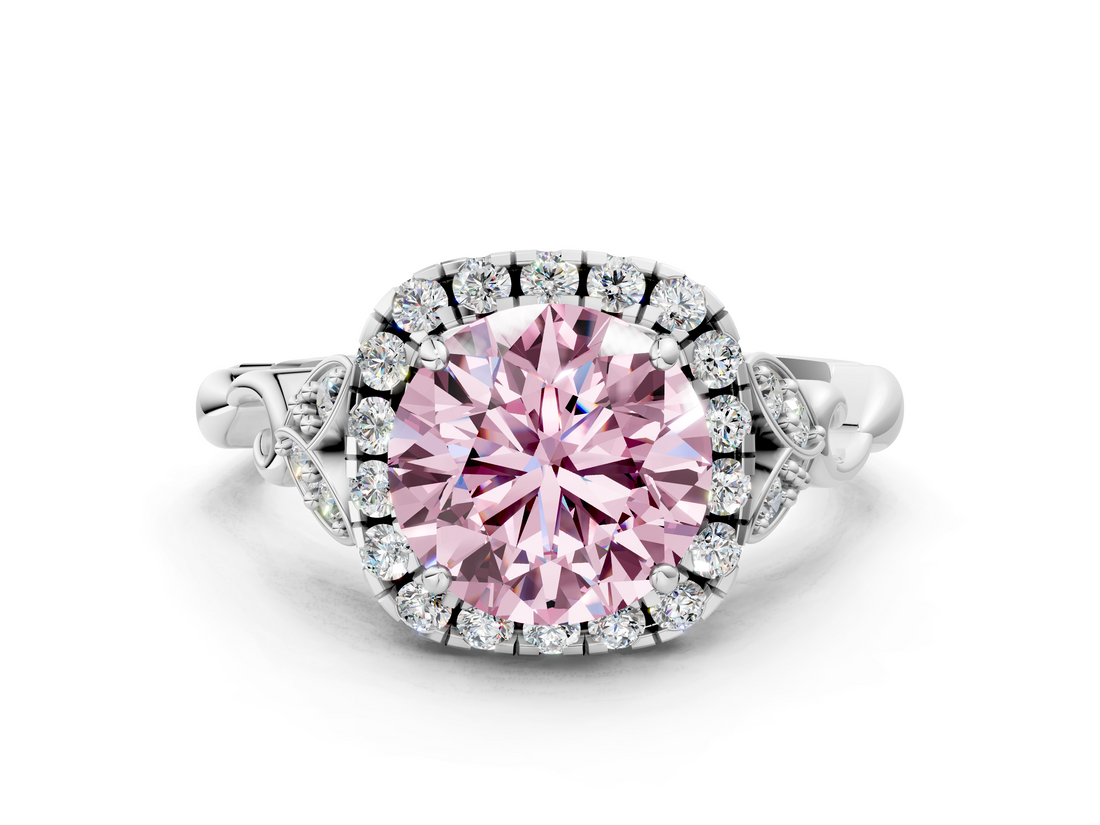 White gold Fancy Pink Round  Halo Diamond Engagement Ring with Vintage-Inspired Band and Four-Prong Setting_3
