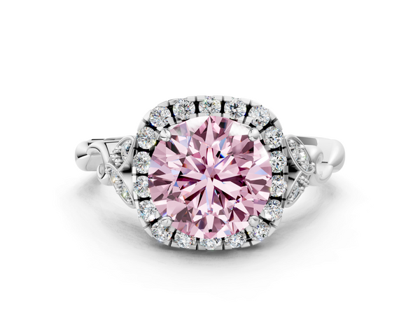 White gold Fancy Pink Round  Halo Diamond Engagement Ring with Vintage-Inspired Band and Four-Prong Setting