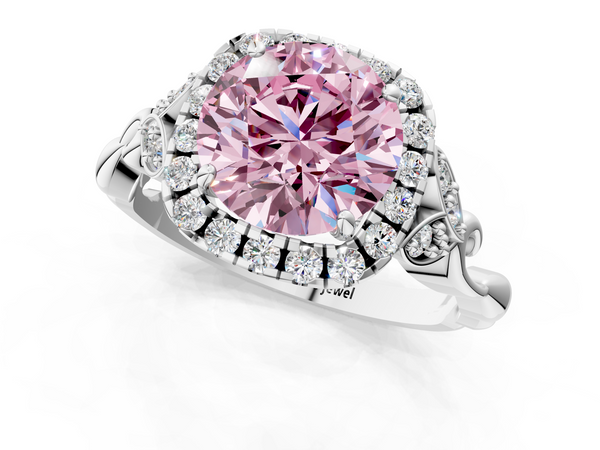 White gold Fancy Pink Round  Halo Diamond Engagement Ring with Vintage-Inspired Band and Four-Prong Setting