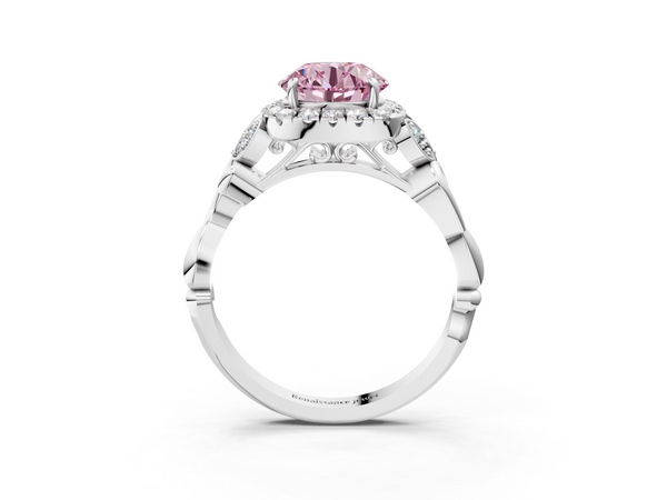 White gold Fancy Pink Round  Halo Diamond Engagement Ring with Vintage-Inspired Band and Four-Prong Setting