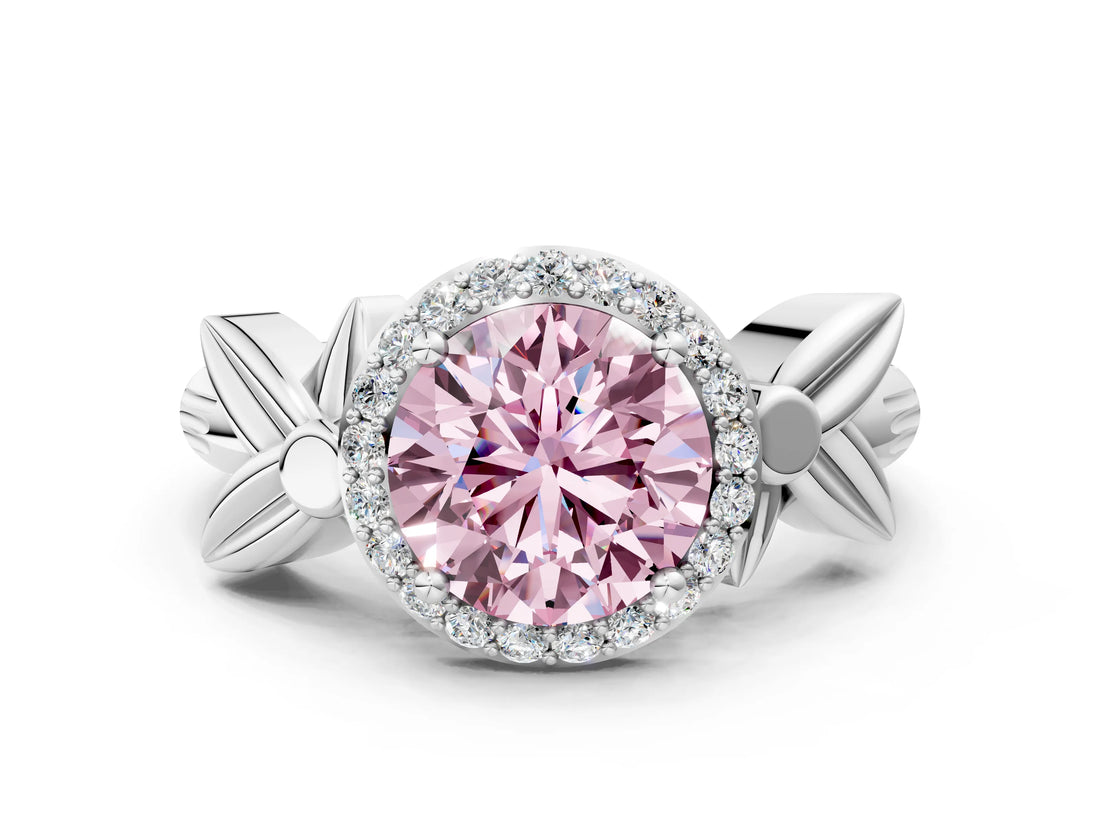 White gold Fancy Pink Round  Halo Diamond Floral Band with Four-Prong Setting_35