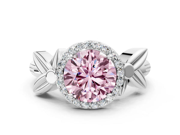 White gold Fancy Pink Round  Halo Diamond Floral Band with Four-Prong Setting