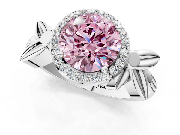 White gold Fancy Pink Round  Halo Diamond Floral Band with Four-Prong Setting