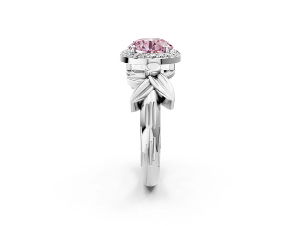 White gold Fancy Pink Round  Halo Diamond Floral Band with Four-Prong Setting
