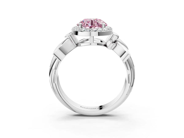 White gold Fancy Pink Round  Halo Diamond Floral Band with Four-Prong Setting