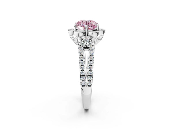 White gold Fancy Pink Round  Halo Diamond Floral Split Shank Engagement Ring